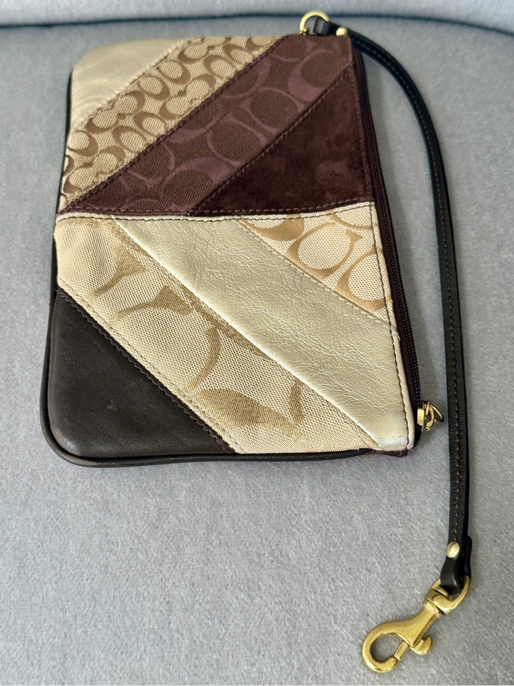 Vintage COACH Y2K Patchwork Leather & Suede Wristlet Brown Gold - Picture 9 of 16